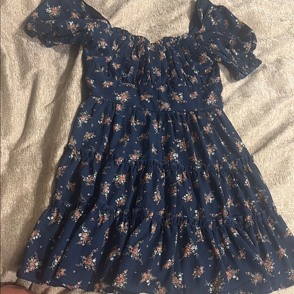 Trixxi Blue and White Smocked Off-the-Shoulder Sundress
